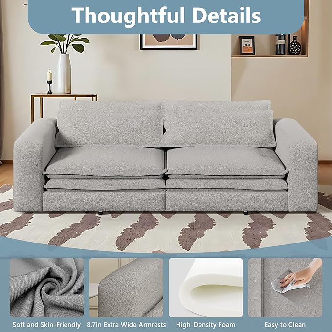 93 King Size Sofa Bed 3 in 1 Convertible Pull Out Couch Loveseat Sleeper Comfy Upholstered Teddy Sofa 3 Seater Chaise Lounge with 2 Pillows Modern Couch Bed for Living Room Grey