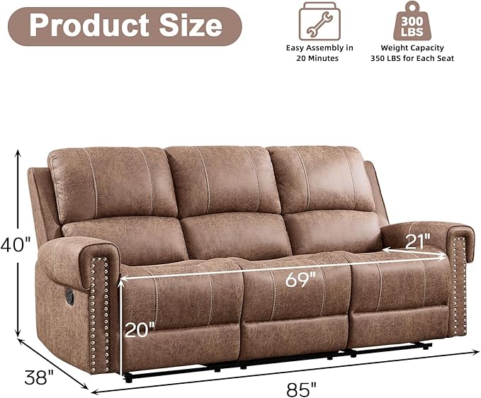 EBELLO Manual Reclining Sofa for Living Room Faux Leather 3 Seater Overstuffed Reclining Couch Chair Vintage Rivet Mid-Century Modern Design Furniture for Living Room Meeting Room Brown