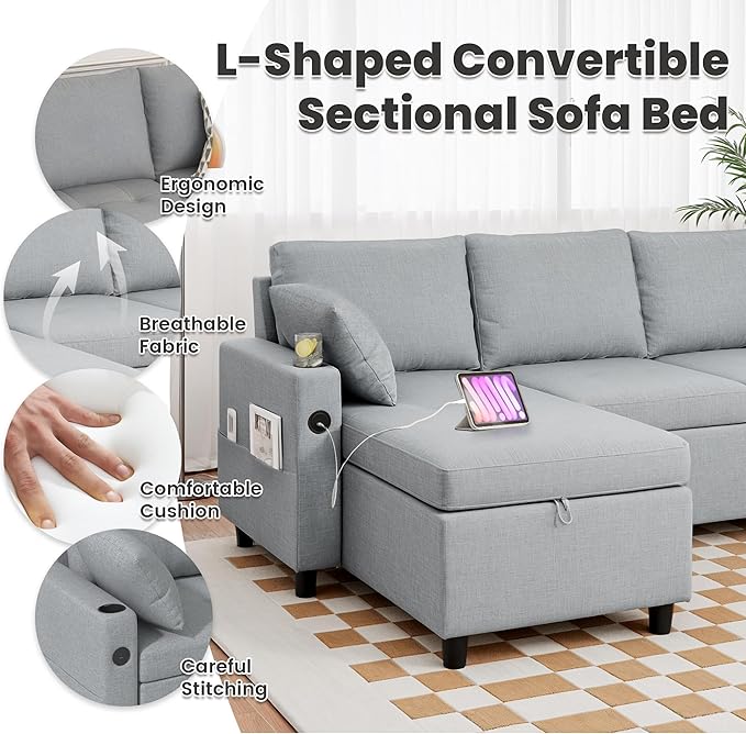 Sleeper Sofa Couch with Pullout Bed 83.5'' L Shaped Convertible Sofa Bed Couches for Living Room Small Apartment Pull Out Couch with USB Storage Chaise Cup Holder Linen Fabric Light Grey