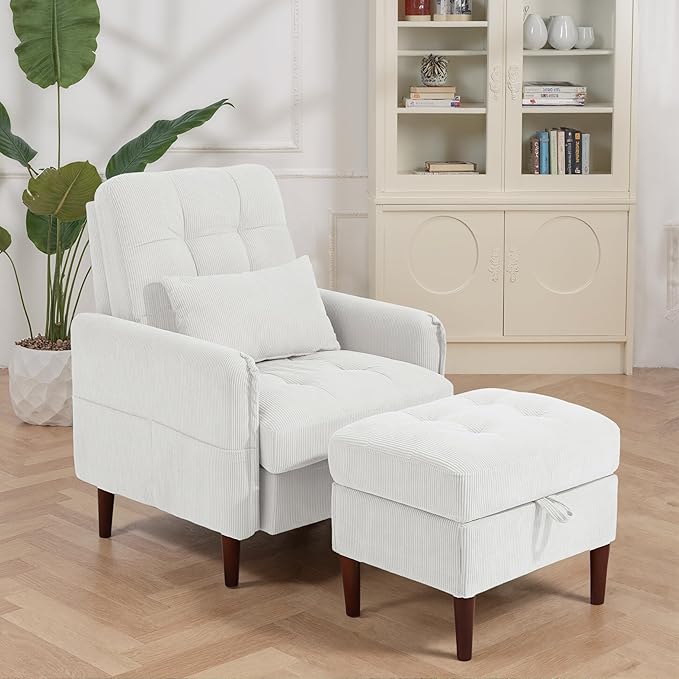 Lumibee Accent Chair with Storage Ottoman Upholstered Comfy Reading Chair with Adjustable Reclining Backrest Corduroy Fabric Lounge Chair Armchair for Living Room Bedroom White