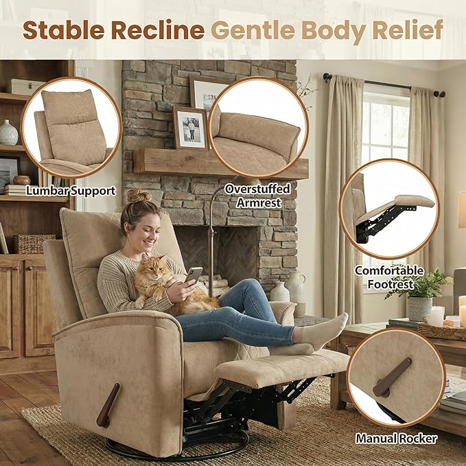 360° Swivel Manual Recliner Chair Rocker Recliner Chair for Adults Nursery Rocker Reclining Chair with Lumbar Support Small Recliners for Small Spaces Living Room Bedroom Chenille Brown