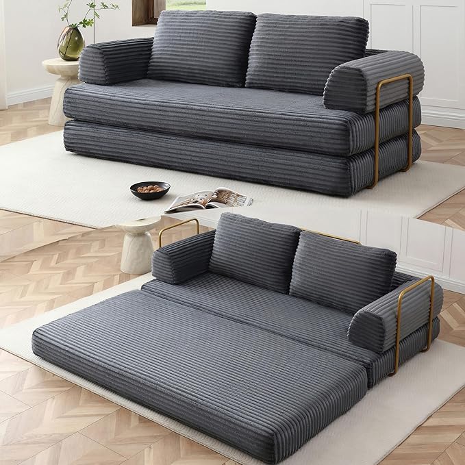 80 Convertible Sofa Bed Modern Corduroy Sleeper Sofa Folding Floor Couch with Golden Fixed-Shape Frame Grey Boneless Loveseat Sofas Bed for Living Room Bedroom No Assembly Needed