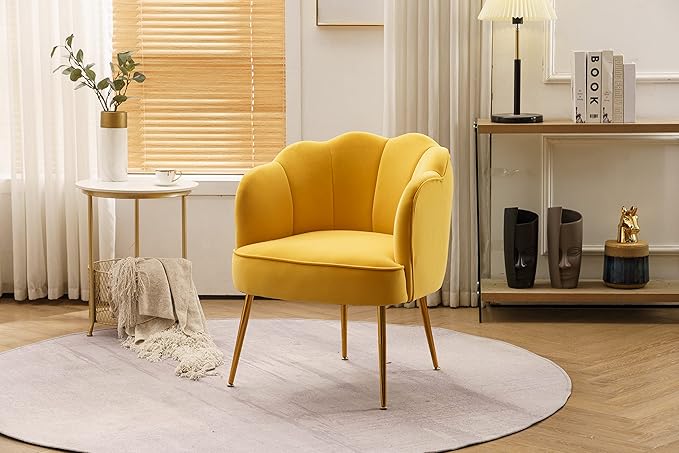 Shell Shape Velvet Fabric Armchair Accent Chair with Gold Legs for Living Room BedroomYellow