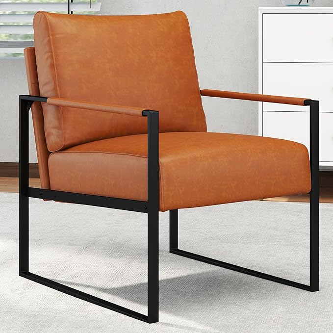 CANMOV Modern Accent Chair Set of 2 PU Leather Armchair with Metal FrameComfy Single Reading Chair with Soft Padded Backrest and Cushion for Living Room BedroomReading RoomOfficeBrown