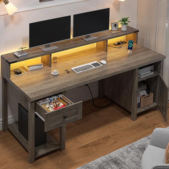EnHomee Computer Desk with Drawers23 D Home Office Desk with StorageWooden Desk with Monitor StandFarmhouse Desk with Printer Space and Power Outlets for StudioWork StudyWriting&ampGaming