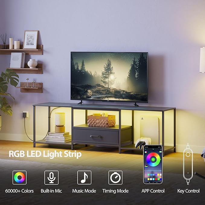 TV Stand with LED Lights Entertainment Center with Open Shelves and Fabric Drawer Media Console for 80 Inch TV Television Stands for Living Room Bedroom Black
