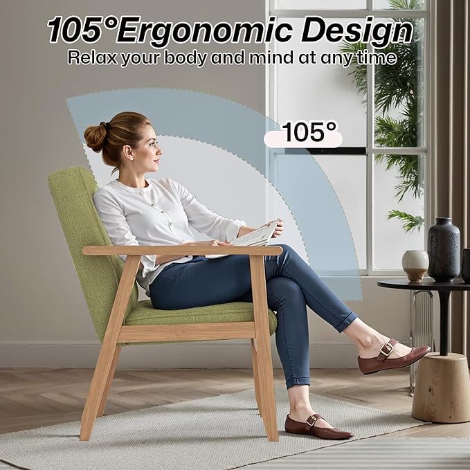 Modern Accent Chair with Arm Rest Upholstered Linen Fabric Leisure Chair Comfy Side Chair with Backrest Button and Wooden Frame for Living Room Bedroom Reading(Green)
