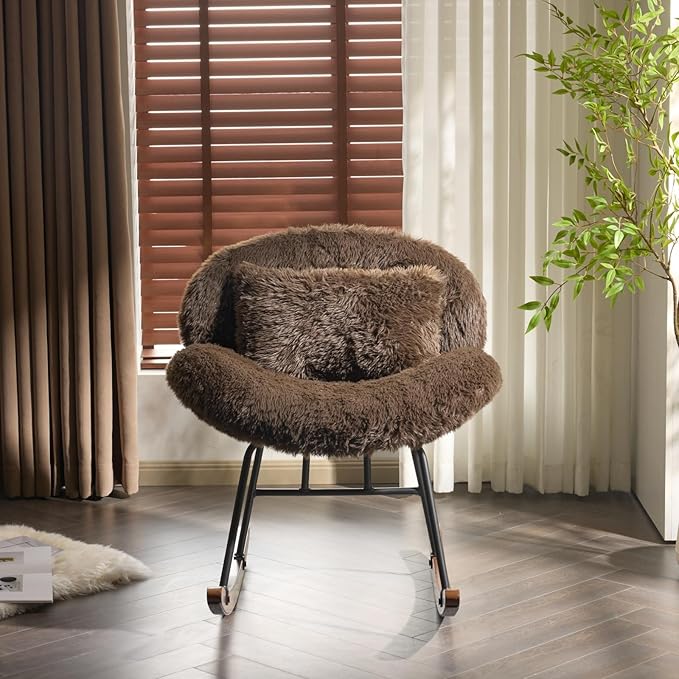 VINGLI 25.6 Extra Wide Nursery 115° Armless Rocking Chair Curved Cute Cross-Legged Glider Chair with Pillow &amp Solid Wood Nursing Chair for Bedroom Living Room Fluffy Fleece Chocolate