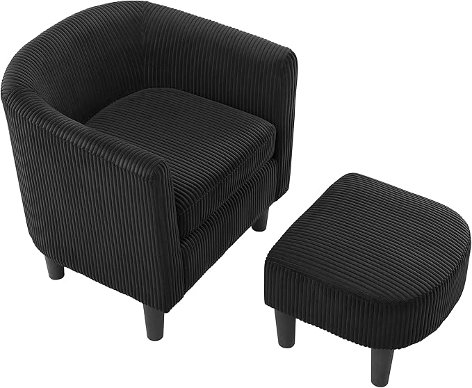 Modern Accent ChairUpholstered Arm Chair Linen Corduroy Single Sofa Chair with Ottoman Foot Rest Comfy Armchair for Living Room Bedroom and OfficeBlack