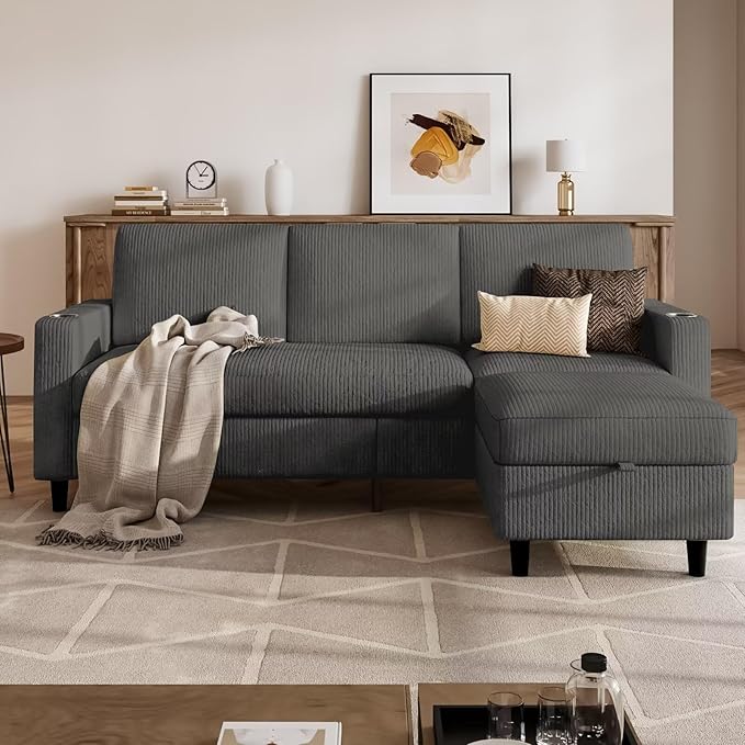 Convertible Sectional Couches for Living Room 3 Seats L Shaped Sofa with Storage Ottoman and 2 Cup Holders Modern Corduroy Couch Small Sofas for Small Space Apartment Office Dark Grey