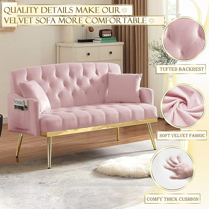 Antetek Upholstered Velvet Loveseat Sofa Modern Small Couch with Side Pocket and Golden Metal Legs Tufted Leisure Sofa for Living Room Bedroom Office Pink