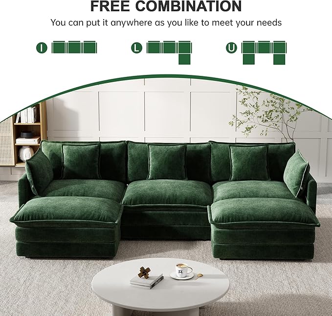 Modular Sectional Sofa 111.5 Inch U-Shaped Cloud Sofa with Deep Seat Chenille Sofa with Cushions Three-Self Sectional Sofa for Living Room ApartmentEvergreen