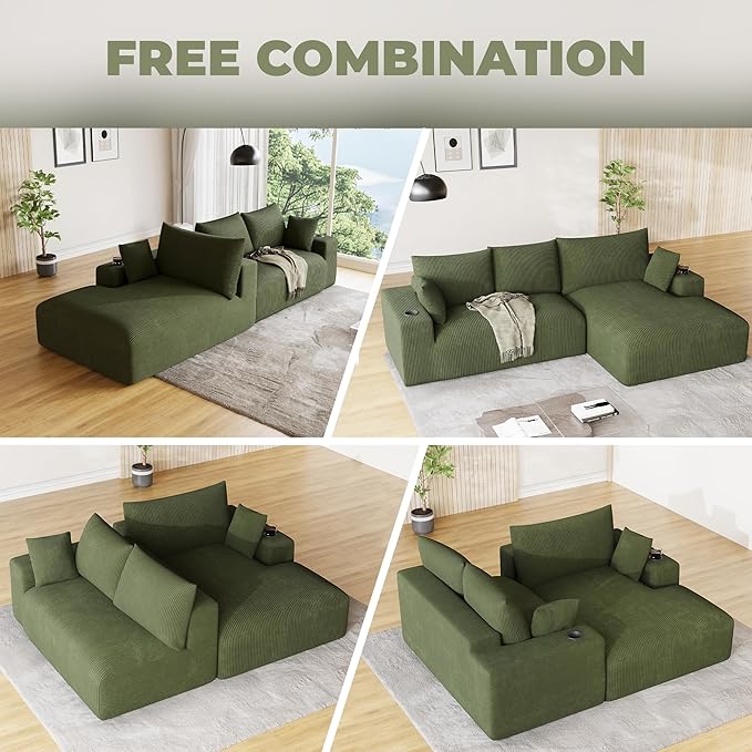 113 Modular Sectional Sofa Cloud Couch Modern Deep Seat Fluffy Corduroy Boneless Couch with Cup Holder Comfy L Shaped Sectional Couches for Living Room Bedroom. (Right Facing Olive Green)
