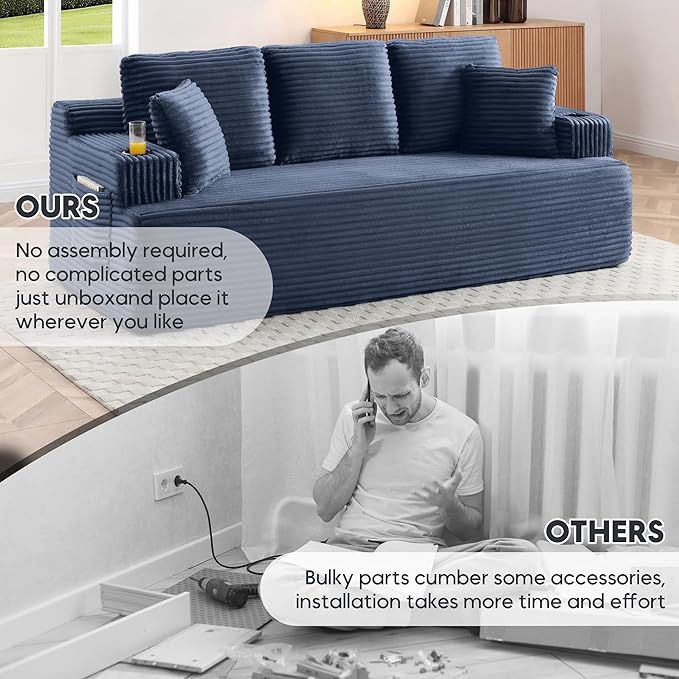 Boneless Sofa Couch Set with Cup Holders &amp Side Pockets Modern Corduroy Fabric Upholstered 3-seat Couch &amp Loveseat Set with 4 Throw Pillows for Living Room Office No Assembly (Blue)