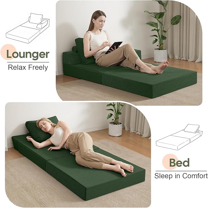 COMAX Folding Sofa Bed Foldable Couch for Bedroom Corduroy Convertible Floor Sleeper Futon Chair Foam 3 in 1 Fold Out Chair Portable Comfy Lounge Couch Single Sofa Bed for Small Space Guest Room