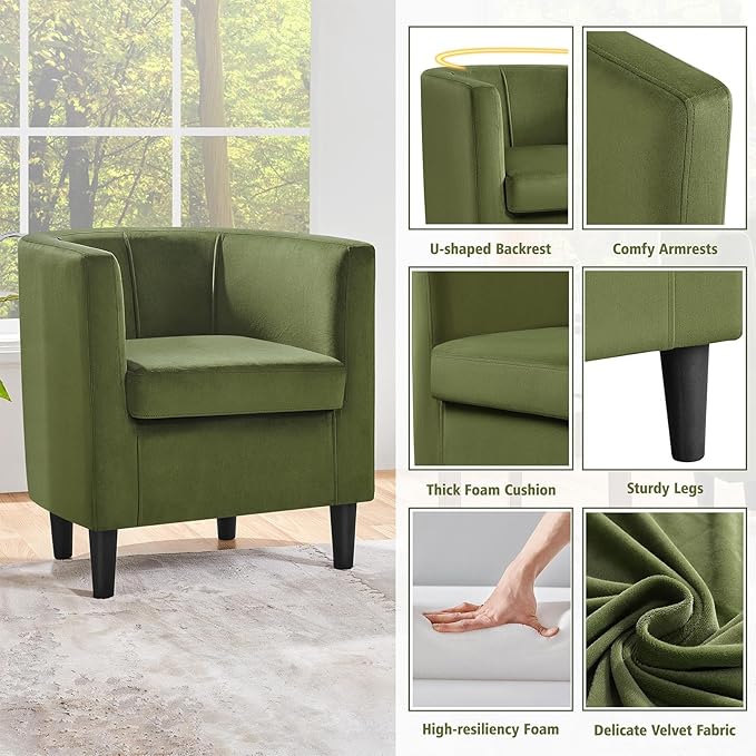 Yaheetech Velvet Accent Chair Modern and Comfortable Armchairs Upholstered Barrel Sofa Chair for Living Room Bedroom Waiting Room Olive Green 2pcs