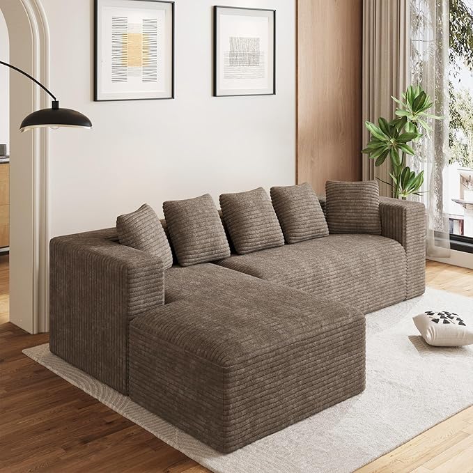 Modular Sectional Sofa 107 L Shaped Cloud Couch Plush Corduroy Deep Seat Boneless Sofas with 5 Pillows Long Chaise Lounge Couches Memory Foam for Living Room - Brown Right Facing Chaise