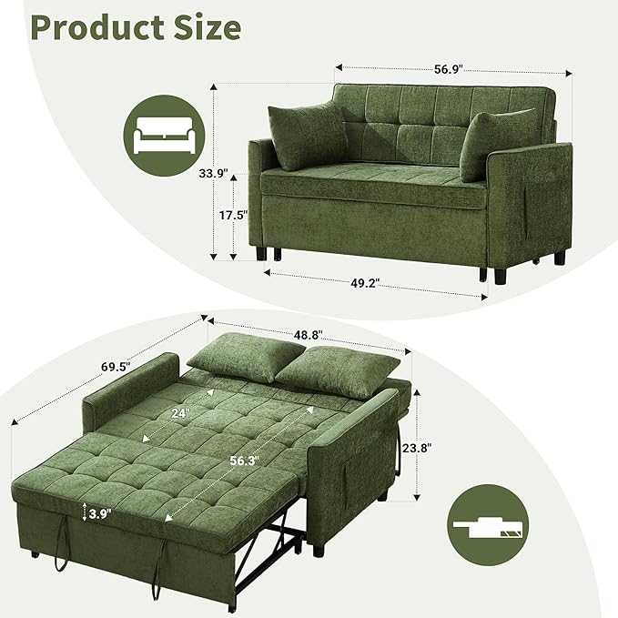 Tbfit 57 Convertible Sofa Bed Chenille Futon Sleeper Sofa Couch with Pullout Bed USB &amp Adjustable Backrest Queen Size Pull Out Loveseat Couches for Living Room Apartment Office Dorm Green