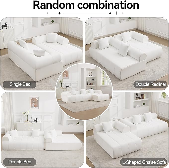 119'' Curved Boneless Sofa Couch 3 Seat Cloud L Shaped Deep Seat Couches for Living Room No Assembly Modular Sofa with Right Chaise Lounge White