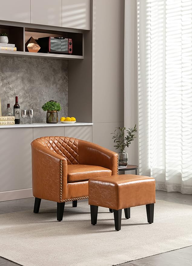 Generic Accent Chair with Ottoman Mid Century Modern Barrel Chair Upholstered Club Tub Round Arms Chair for Living Room Light Brown