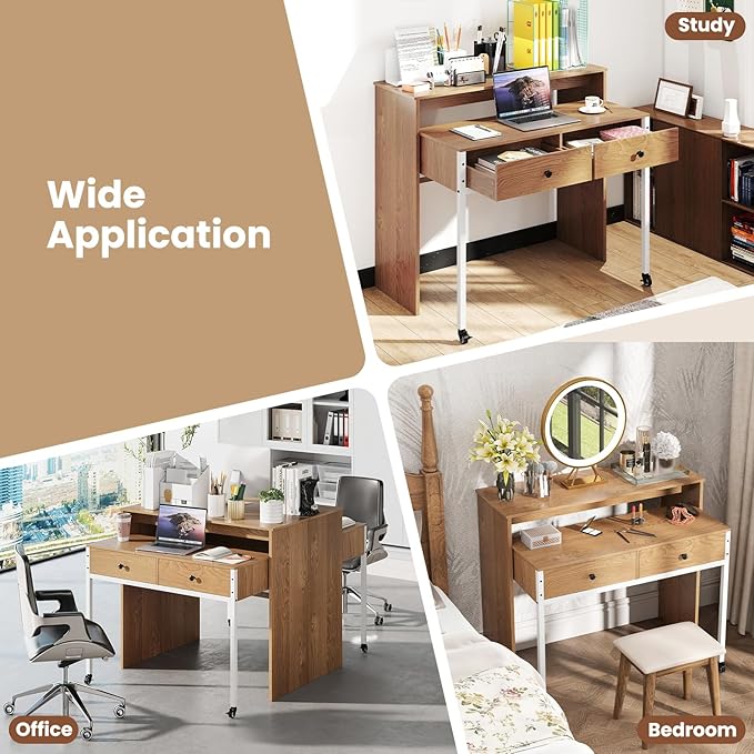 Giantex Small Computer Desk with Hutch &amp Drawers Extendable Writing Desk w/Pull Out Secondary Table Monitor Stand &amp Rolling Wheels Console Table Compact Desk for Small Spaces (Natural)