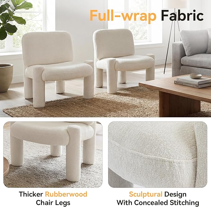 HNY Modern Accent Living Room Chair Beige Boucle Reading Chair Armless Lounge Chair Comfy Barrel Chair Sherpa Cloud Chair with Wood Frame for Living Room Small Spaces Bedroom Apartment