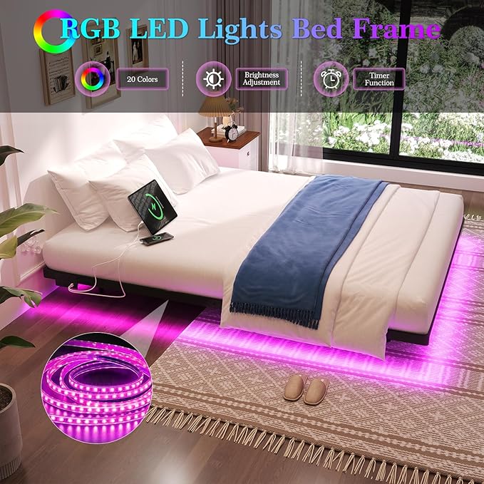 Floating Bed Frame Full Size with Smart LED Lights and Charging Station Heavy Duty Modern Metal Platform Bed No Box Spring Needed - Easy Assembly and Noise Free
