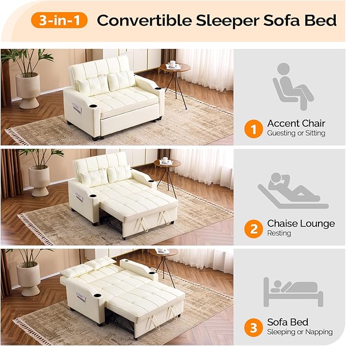 VINGLI Beige Futon Sofa Bed Convertible Loveseat Sleeper Couch Faux Leather Pullout Sofa Fold Out Couch Bed with USB Ports Cup Holders Armrest for Living Room Bedroom Apartment Room