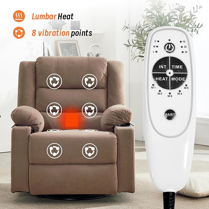 360°Swivel Rocker Recliner Chair for AdultsManual Glider Recliner Sofa with Massage and Heating Nursery Rocking Chairs with Cup Holds for Living Room Bedroom (Light Mocha)