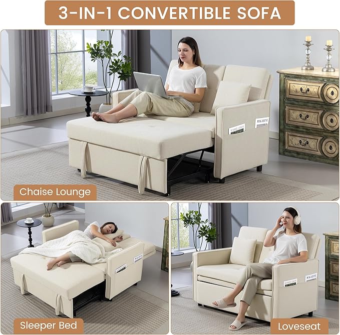 Convertible Sofa Bed 3-in-1 Sleeper Sofa with Pull-Out Bed Chenille Couch Folding Loveseat USB Ports &amp Adjustable Backrest Modern Loveseat for Living Room Apartment Beige