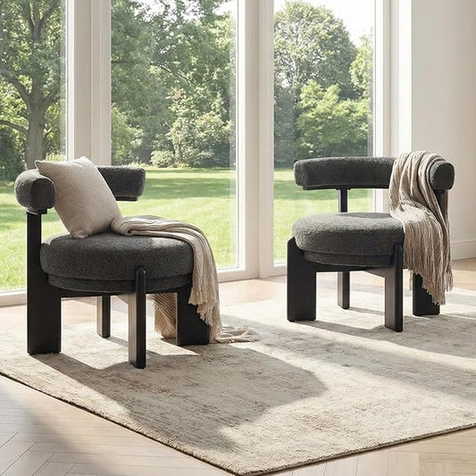 Modern Accent Chair Set of 2 Upholstered Barrel Chair Faux Sherpa Comfy Side Chair with Wooden Frame for Living Room Bedroom Black
