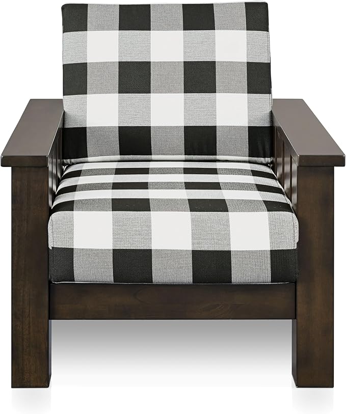 Furniture of America Gavik Modern Solid Wood Arm Chair with Plaid Removable Cushions Black and White Upholstery Fabric Comfortable Upholstered Seating for Living Room Guest Room Dark Walnut