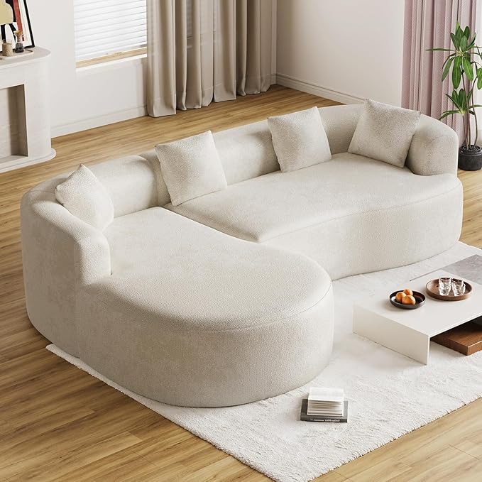 Oversized Sectional Sofa with Left Chaise for Living Room 111 Modern Curved L Shape Cloud Couch with Extra Deep Seat Modern Luxury Chenille 4 Seater No Assembly Required Beige White