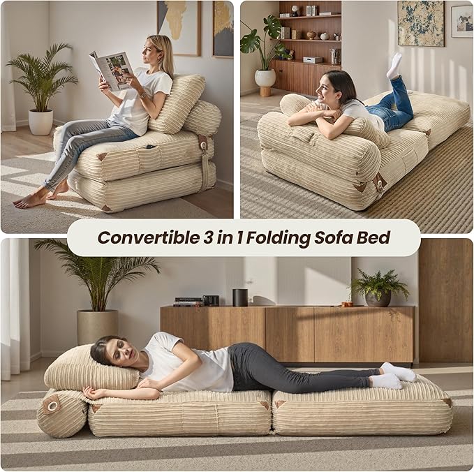 ovios Folding Sofa Bed Foldable Sleeper Chair Floor Futon Comfy Portable Convertible Fold Out Lounge Chairs for Living Room Bedroom Beige