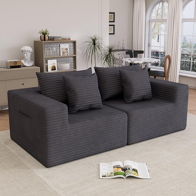Oversized Cloud Modular Sofa – Deep Seat Corduroy Couch with Pillows No Assembly Convertible &amp Customizable Design Soft All-Foam Comfort for Living Room &amp Bedroom (Gray Loveseat)