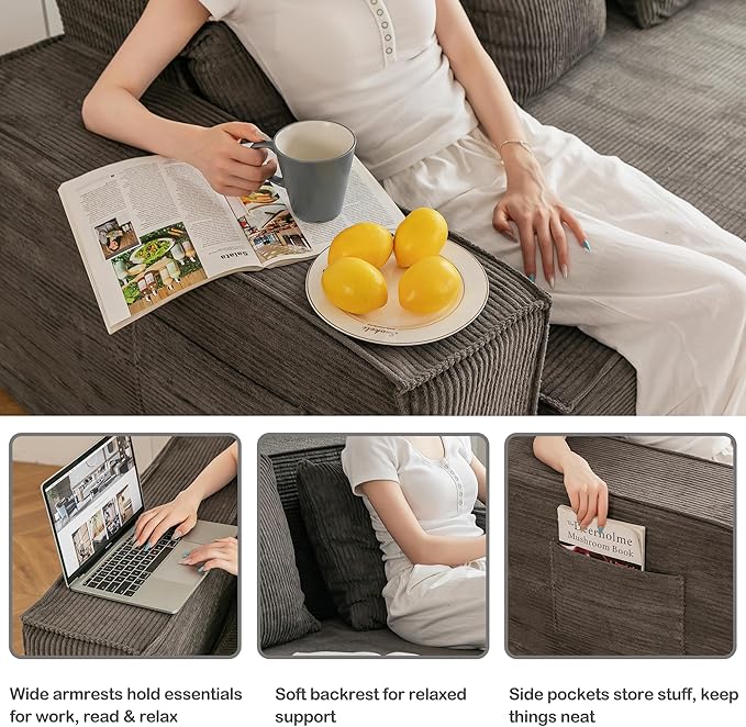 HOMREST 63 Convertible Memory Foam Loveseat Sofa Pull Out Sleeper Sofa Bed 2 in 1 Upholstered Boneless Couch Fold Out Floor Couch Corduroy with 2 Pillows for Living Room Bedroom Lounge (Grey)