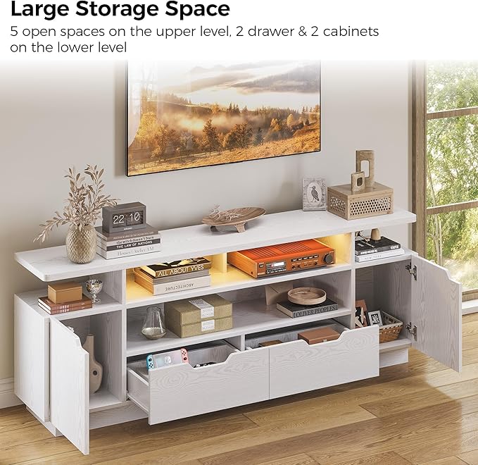IRONCK TV Stand for TVs 85 inch with Power Outlet and LED Lights Entertainment Center with Storage Cabinets Media TV Console with Drawers Modern TV Stand for Living Room White
