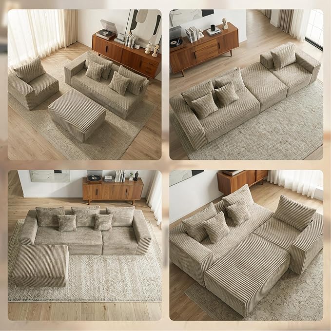 Sytopia 109 L-Shaped Cloud Couch Boneless Modular Sectional Sofa with Deep Seat for Living Room Bedroom Modern Couch Corduroy Comfy Sleeper Futon Sofa Bed 40D Foam Left Facing