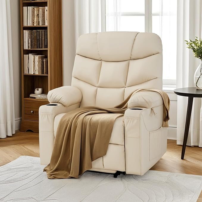 MCombo Power Lift Recliner Chair for Elderly Electric Lift Chair with Extended Footrest USB Ports Cup Holders Faux Leather 7287 (Cream White Medium)