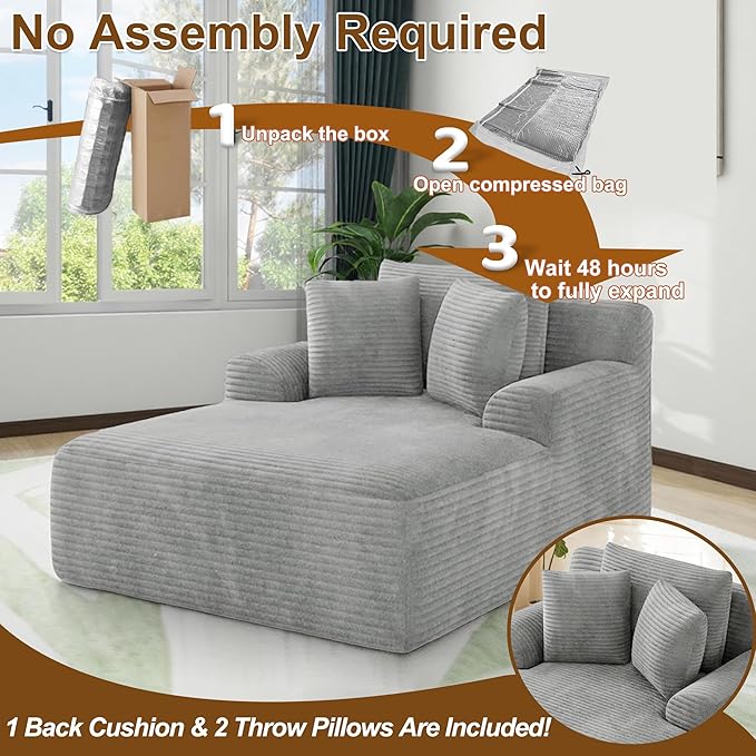 Avenix 66 Oversized Boneless Chaise Lounge Chair IndoorCorduroy Comfy Oversized Reading Chair Boneless Couch Bed ChairNo Assembly RequiredLight Grey