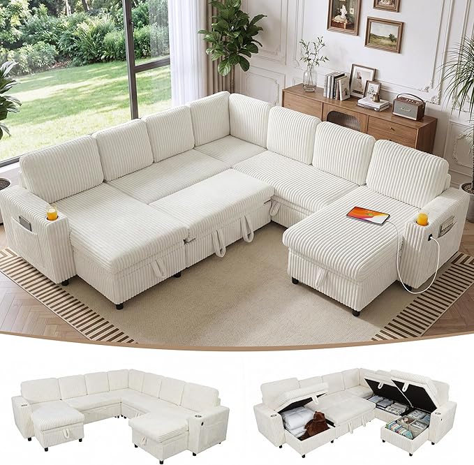 Modular Sectional Sleeper Sofa with Pull Out Bed Plush Corduroy L Shaped Couch with Storage Chaise USB Ports Cup Holders Comfy Cloud Couches for Living Room White