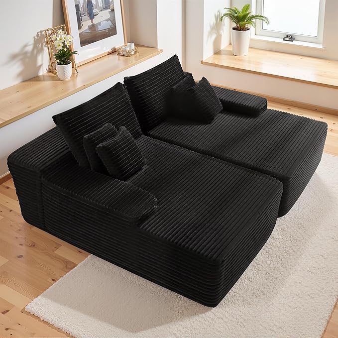 82'' Oversized Boneless Memory Foam Chaise Lounge Chair Sofa Sleeper Large Convertible Comfy Cloud Couches Living Room Black Plush Corduroy Sofa Bed.