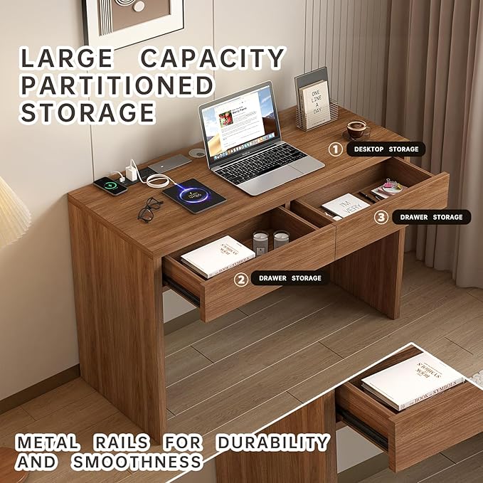 47-Inch Computer Desk with Pull-Out Outlet Home Office Desks with 2 Sturdy Drawers Writing/Gaming/Work/Study Desk for Bedroom Living Room Brown