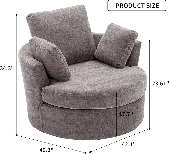 Oversize Round Swivel Chair Cozy Club 360 Degrees Swivel Sofa with 3 Pillows Chenille Fabric for Living Room Lounge Hotel Bedroom 40.2D X 42.1W X 34.3H Inches (Grey)