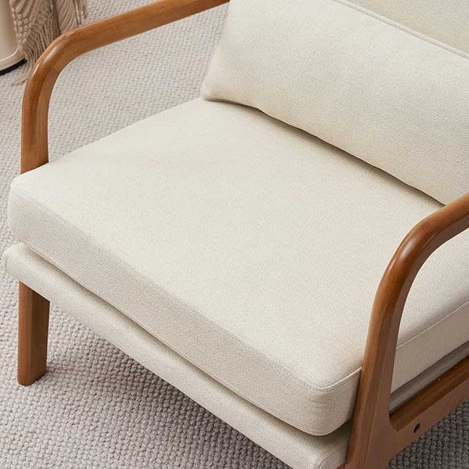 Accent Chair Mid-Century Modern Chair with Pillow High Back Upholstered Lounge Arm Chair with Solid Wood Frame &amp Soft Cushion for Living Room Bedroom Belcony White