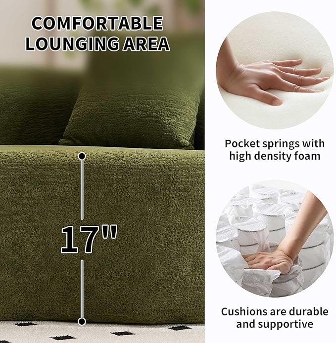 110 Green Curved Boneless Couch with Cushions Modern Cloud Sofa for Living RoomChenille Sectional Minimalist Deep Seat Luxurious No Assembly