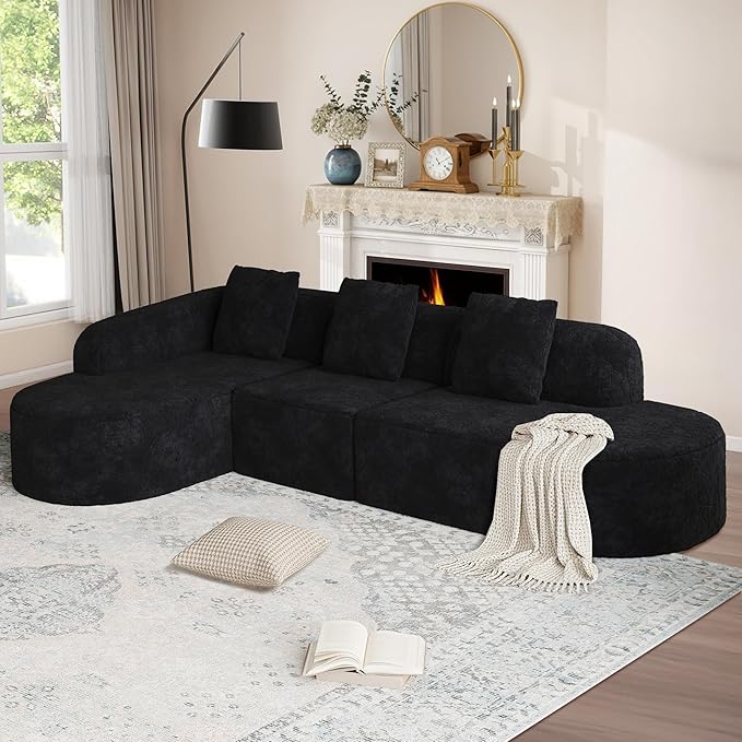 112 L Shaped Curved Sofa Modular Sectional Couch with Chaise Boneless Couch for Living Room Modern Comfy Long-Pile Polyester Fabric Cloud Sofa with Three Pillows No Assembly (Black 112 Left)