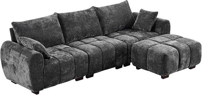 112 Mid Century Modern L Shaped Couch 3 Seater Modular Sectional Sofa with Movable Ottoman Deep Seat and Solid Wood Legs Cloud Couch for Living Room Chenille Tufted Sofa Grey