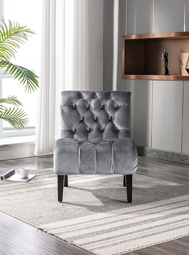 Modern Velvet Armless Accent Living Room Chair Leisure ChairUpholstered Fabric Button Comfortable Chair with Wooden Legs for Bedroom Living Room Office (Silver Velvet)
