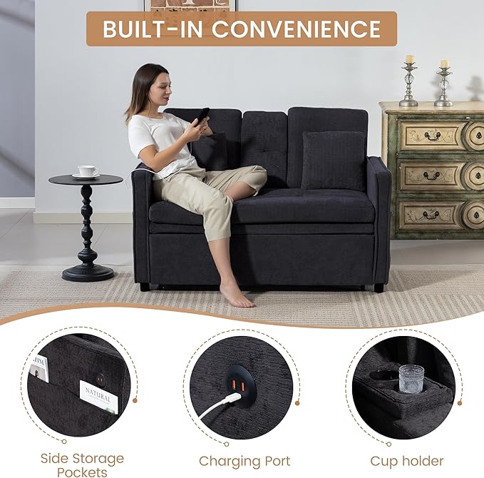 Convertible Sofa Bed 3-in-1 Sleeper Sofa with Pull-Out Bed Chenille Couch Folding Loveseat USB Ports &amp Adjustable Backrest Modern Loveseat for Living Room Apartment Black